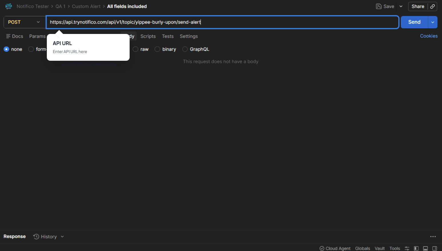 Postman configuration with POST method and body settings