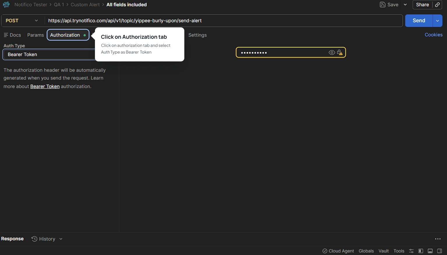 Postman authorization tab with Bearer Token