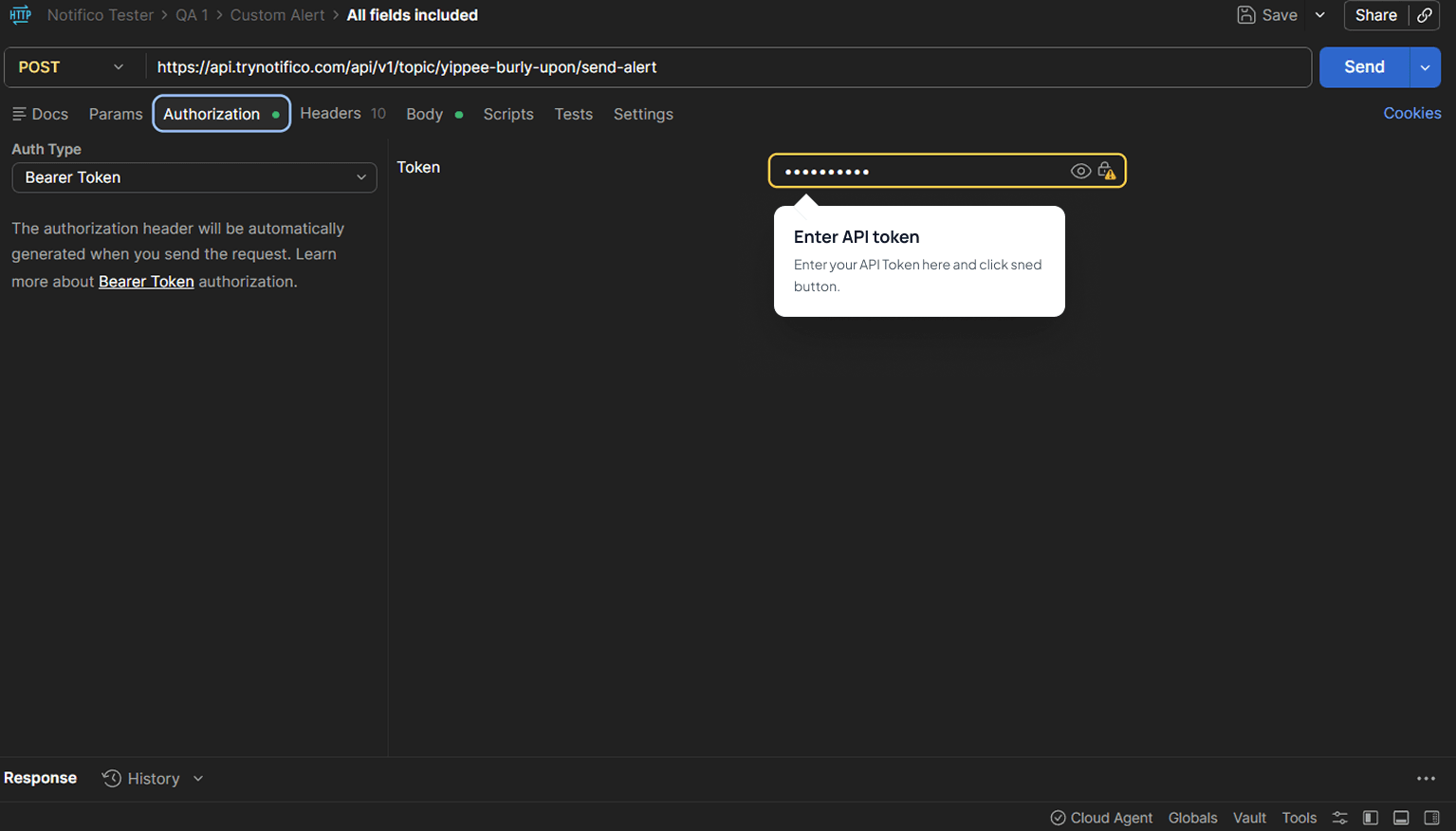 Postman authorization tab with Bearer Token