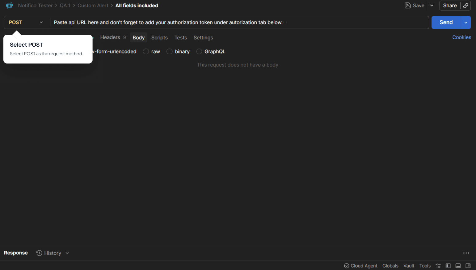 Postman configuration with POST method and body settings