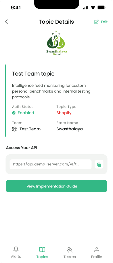 Topic details showing API URL