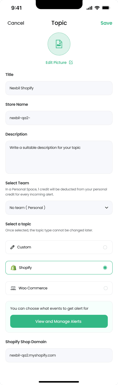 Create topic screen showing Shopify selection