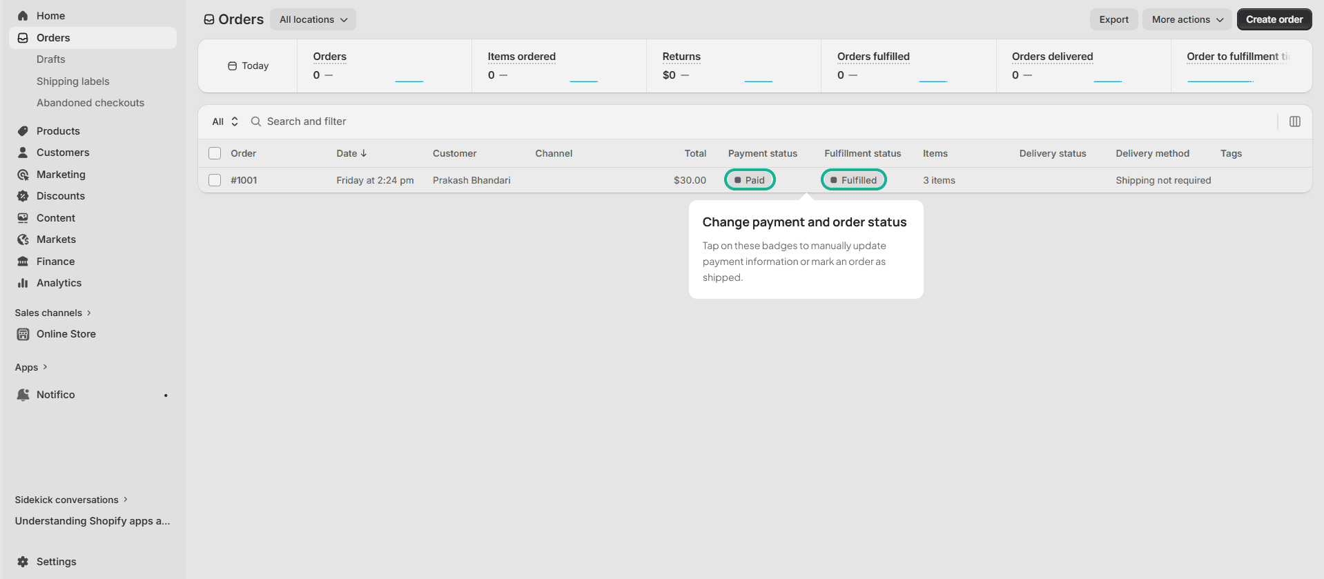 Shopify plugin configuration screen with test instructions