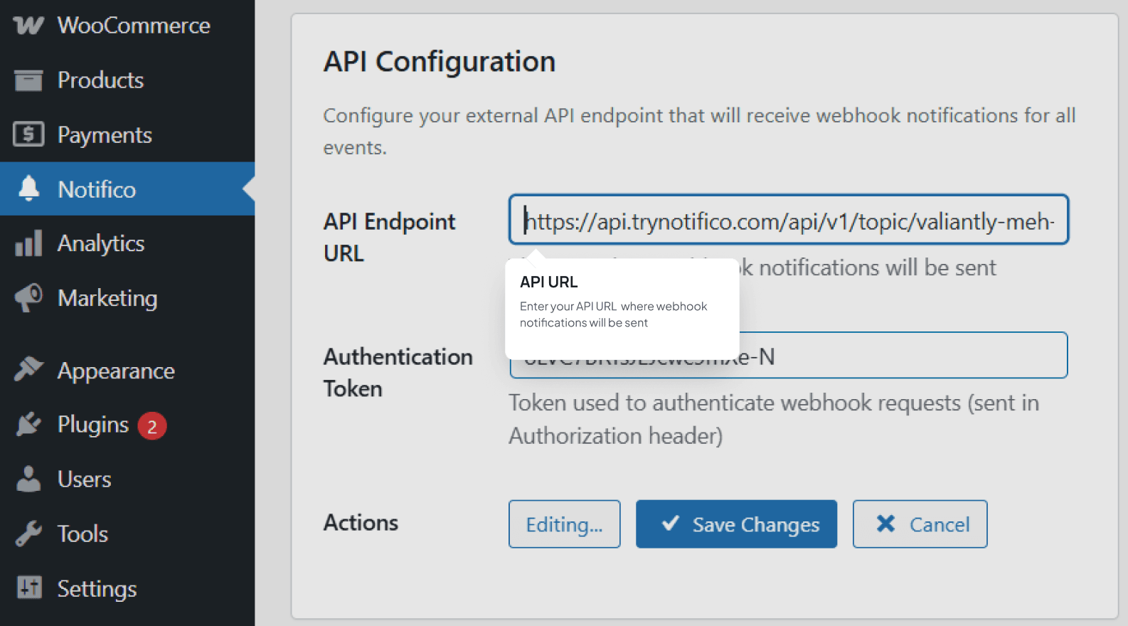 Plugin configuration fields for API URL and Token