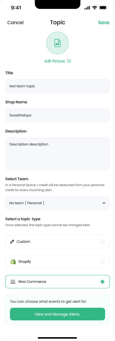 Create topic screen showing WooCommerce selection