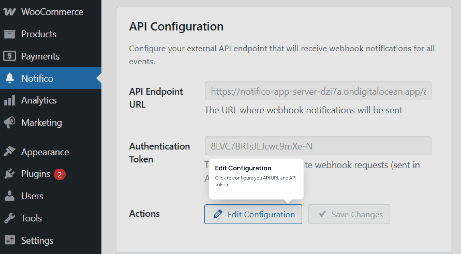 Plugin configuration fields for API URL and Token