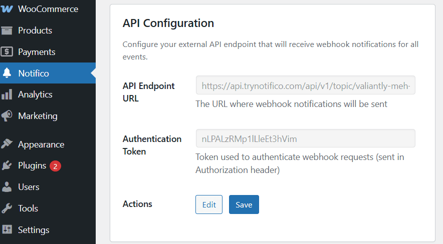 Plugin configuration fields for API URL and Token